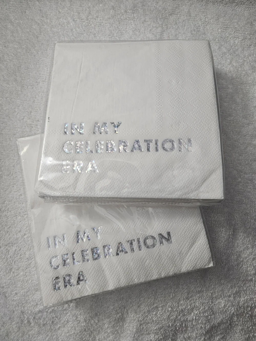 Spritz White Party Napkins with Holographic Silver Text 'In My Celebration Era'